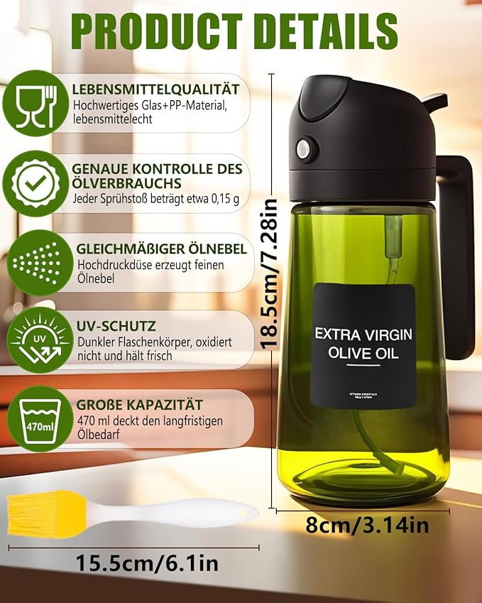 2 in 1 Ölsprüher für Speiseöl, UV-Schutz Sprühflasche Öl, 470ML Cooking Oil Sprayer, Ölsprühgerät für Heißluftfritteuse mit Bürste, Sprühöl, Zum Kochen,Grillen,Küche, Heißluftfritteuse,Backen