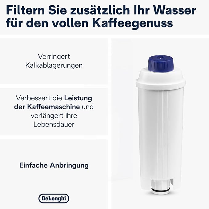 De'Longhi Original Wasserfilter DLSC002 - Zubehör für De'Longhi Kaffeevollautomaten mit Wasserfilter,Pflege und Schutz der Maschine,optimiert die Kaffeequalität und schützt vor Kalk,‎0.5 L,Weiß,1 Pack