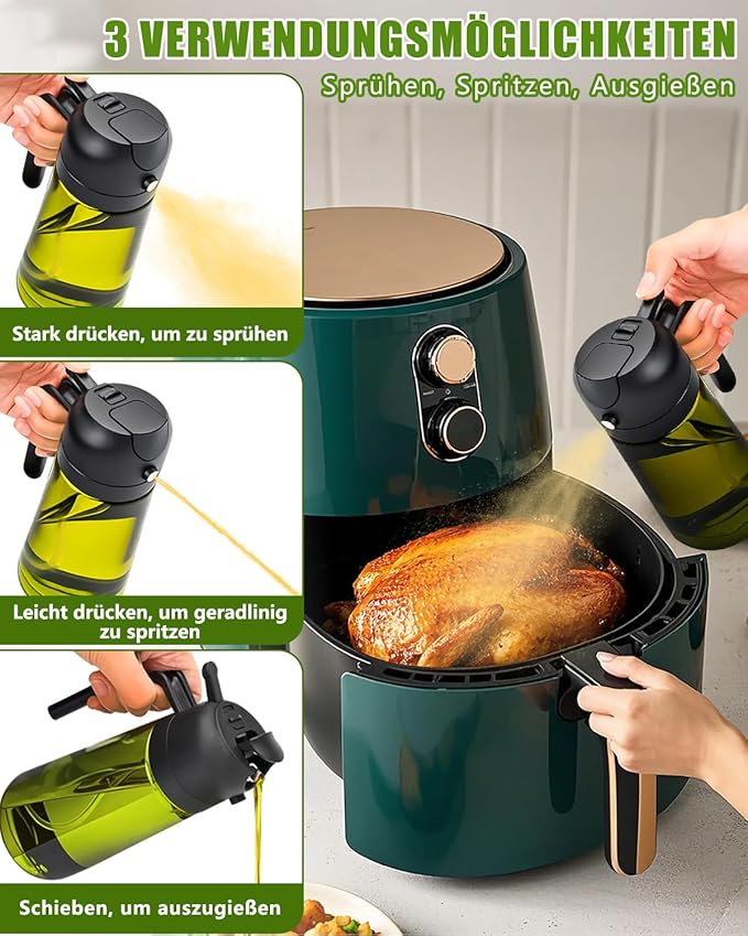2 in 1 Ölsprüher für Speiseöl, UV-Schutz Sprühflasche Öl, 470ML Cooking Oil Sprayer, Ölsprühgerät für Heißluftfritteuse mit Bürste, Sprühöl, Zum Kochen,Grillen,Küche, Heißluftfritteuse,Backen