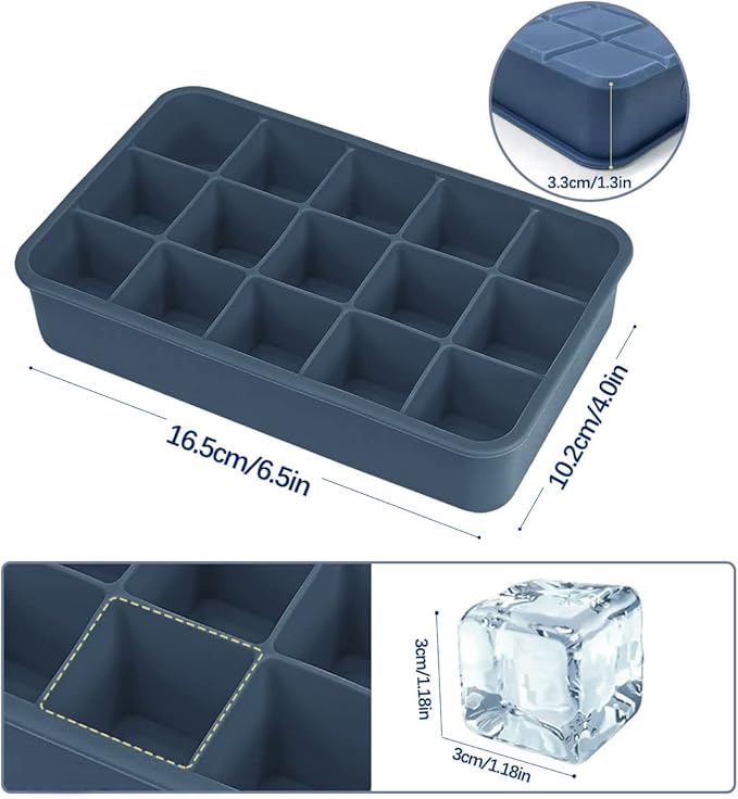 Eiswürfelform Silikon Eiswürfelbehälter mit Deckel 15-Fach 3cm Quadratische Eiswürfel Ice Cube Tray für Whisky, Cocktails Blau, 2 Stück Marke: muenfly