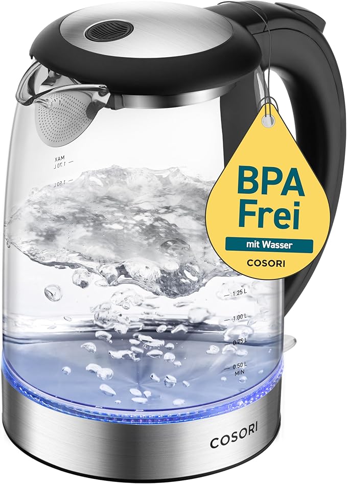 Glas Wasserkocher 1,7 L, kocht in 2 Minuten, wasserberührende Teile plastikfrei, 304er Edelstahl-Kalkfilter, 2200 W, Überhitzungsschutz, 360° drehbarer Sockel, Schwarz