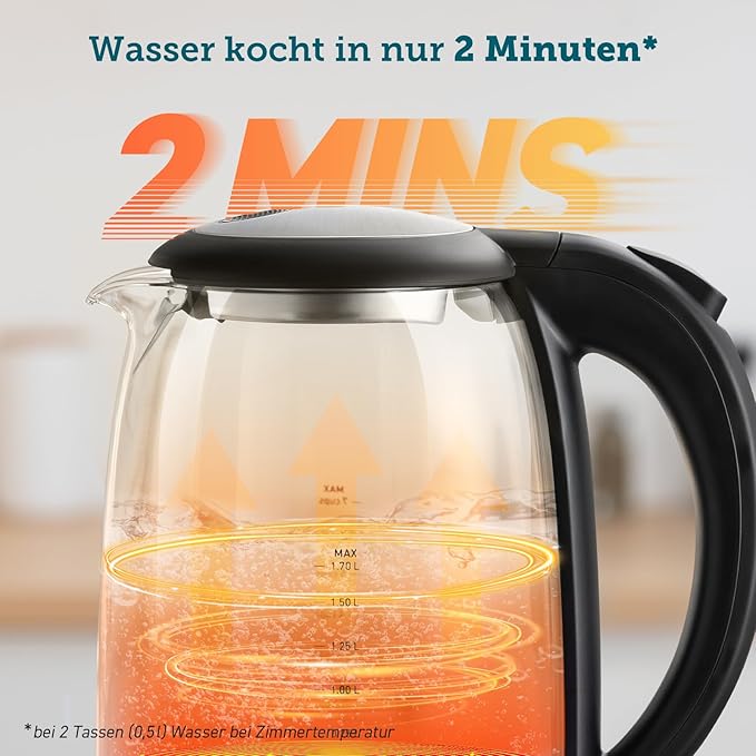 Glas Wasserkocher 1,7 L, kocht in 2 Minuten, wasserberührende Teile plastikfrei, 304er Edelstahl-Kalkfilter, 2200 W, Überhitzungsschutz, 360° drehbarer Sockel, Schwarz