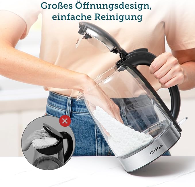 Glas Wasserkocher 1,7 L, kocht in 2 Minuten, wasserberührende Teile plastikfrei, 304er Edelstahl-Kalkfilter, 2200 W, Überhitzungsschutz, 360° drehbarer Sockel, Schwarz