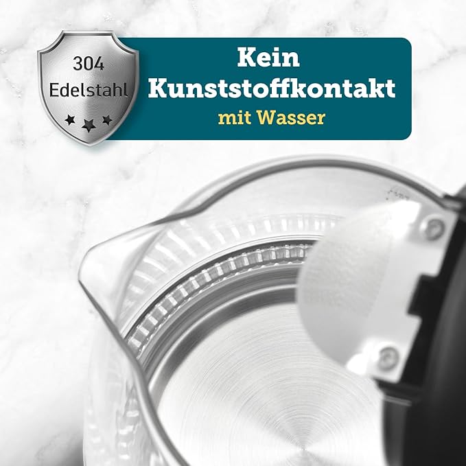 Glas Wasserkocher 1,7 L, kocht in 2 Minuten, wasserberührende Teile plastikfrei, 304er Edelstahl-Kalkfilter, 2200 W, Überhitzungsschutz, 360° drehbarer Sockel, Schwarz