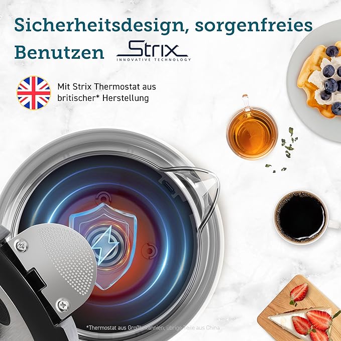 Glas Wasserkocher 1,7 L, kocht in 2 Minuten, wasserberührende Teile plastikfrei, 304er Edelstahl-Kalkfilter, 2200 W, Überhitzungsschutz, 360° drehbarer Sockel, Schwarz