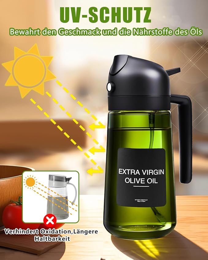 2 in 1 Ölsprüher für Speiseöl, UV-Schutz Sprühflasche Öl, 470ML Cooking Oil Sprayer, Ölsprühgerät für Heißluftfritteuse mit Bürste, Sprühöl, Zum Kochen,Grillen,Küche, Heißluftfritteuse,Backen